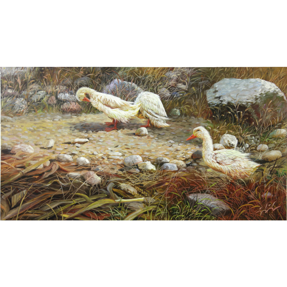 朝鲜一级画家 元日《鸭》平壤美术大学 c541 动物油画