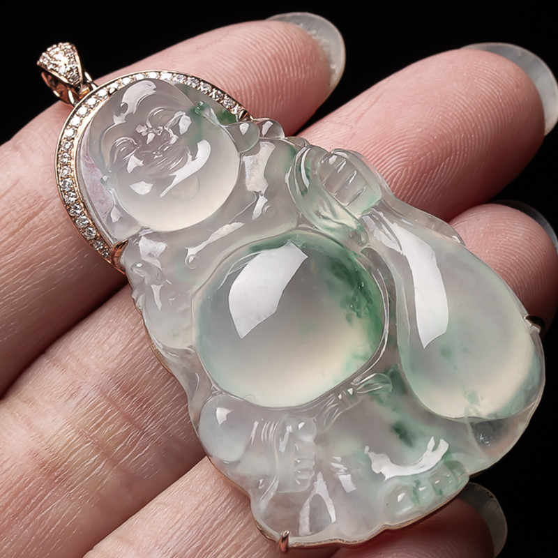 18k金镶嵌钻石老坑翡翠a货冰种飘彩布袋佛公吊坠 17.85克