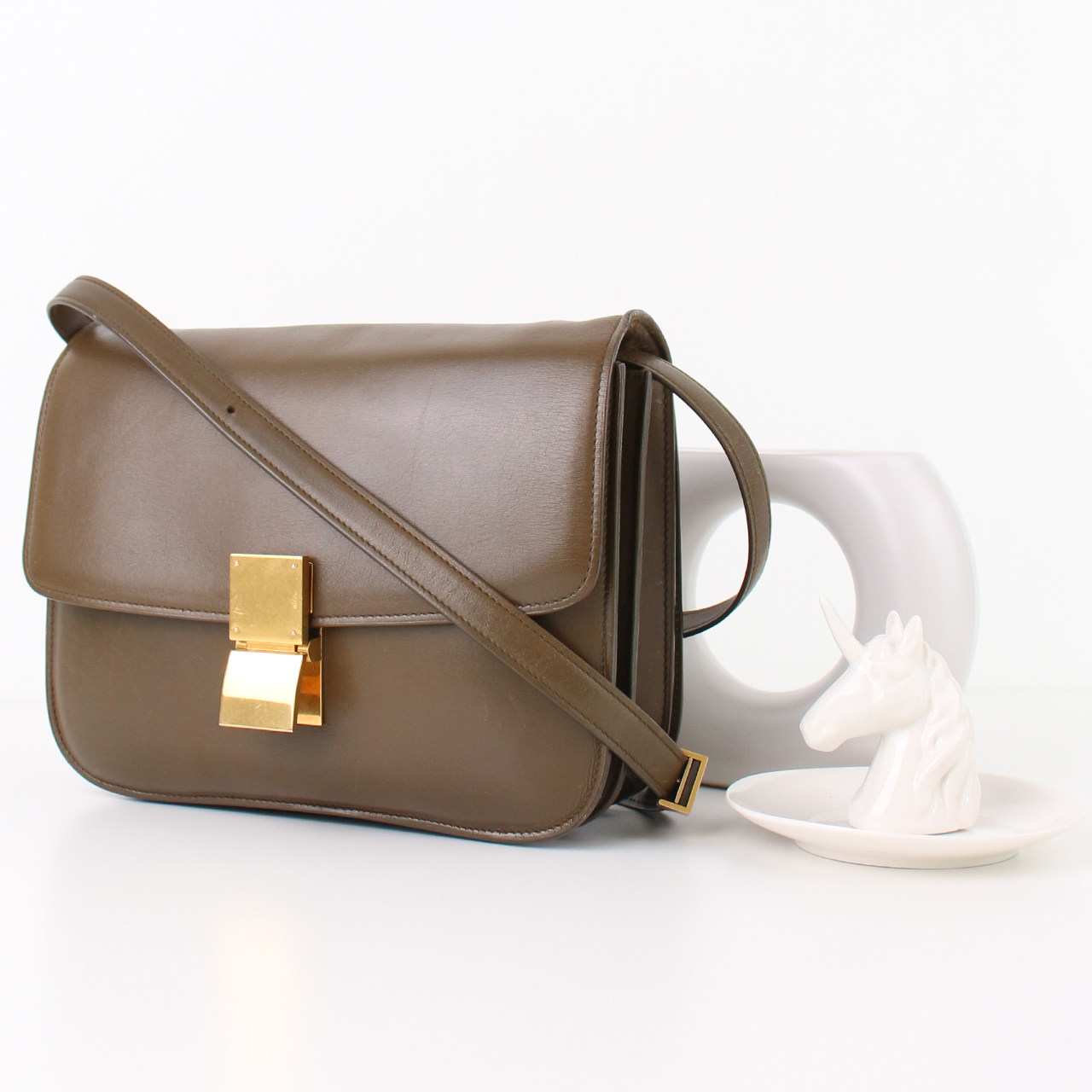 [无保留价][8.5新]赛琳/celine box棕绿色中号女士单肩斜挎包