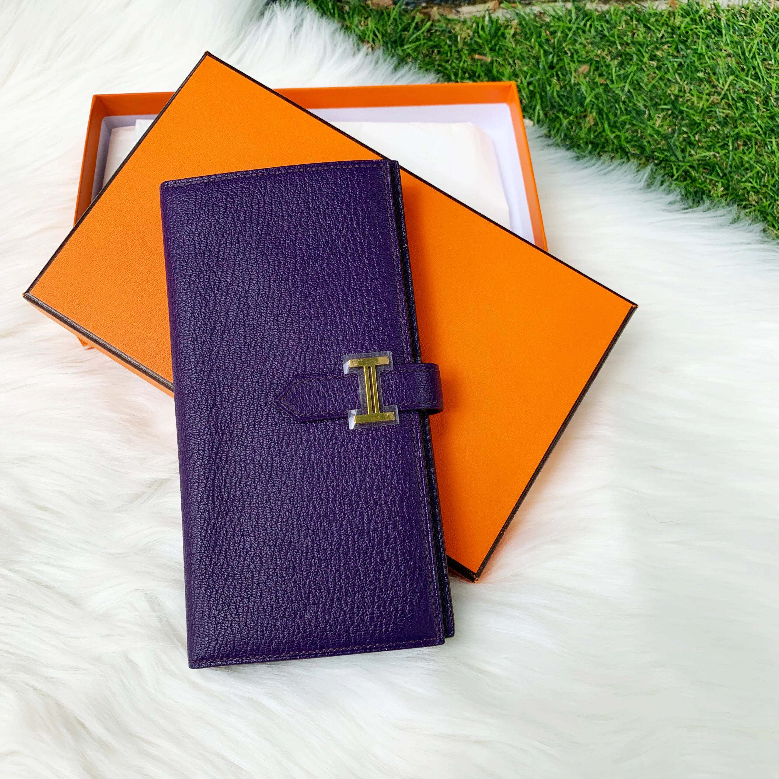 全新hermes/爱马仕框n刻bearn镀金h葡萄紫锁扣拉链零钱包