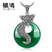 Hong 925 Silver jewelry set, Silver Fox natural green agate pendant vintage Thai silver fashion ladies necklace pendant