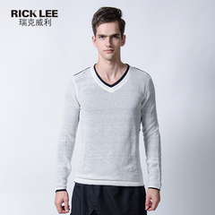 RICK LEE春秋新品 男士V领针织衫 韩版修身假两件纯色线衫薄毛衣