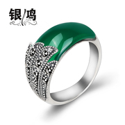 Silver 925 Silver jewelry finger ring hung old silversmith, palace-style Thai silver female natural green agate ring