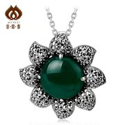 Thai Thai silver jewelry 925 Silver vintage female flowers green agate necklace sweater chain Crystal pendant