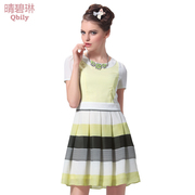 Fine bi Ruili, Linda 2015 spring/summer new women's contrast color stripes puff sleeve splicing high-waisted chiffon dress