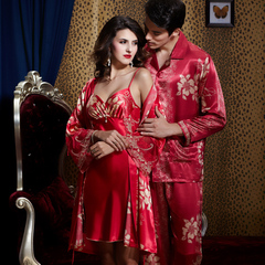 红色结婚新婚情侣睡衣春秋季仿真丝绸男士长袖女款吊带睡裙两件套