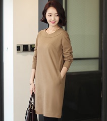 高级韩版女装定制2016春装新款 简约优雅气质纯色宽松长袖连衣裙