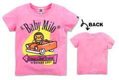 齐齐蛙高端面料定制款 卡通猴粉色汽车男女童纯棉短袖T恤8086