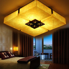 新中式吸顶灯正方形实木客厅灯大气led卧室灯具中国风木艺羊皮灯