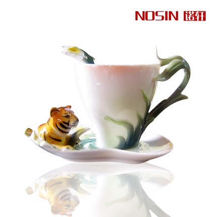 nosin 珐琅瓷咖啡杯 礼品杯子 老虎花杯碟 特价 法蓝彩 个性杯子