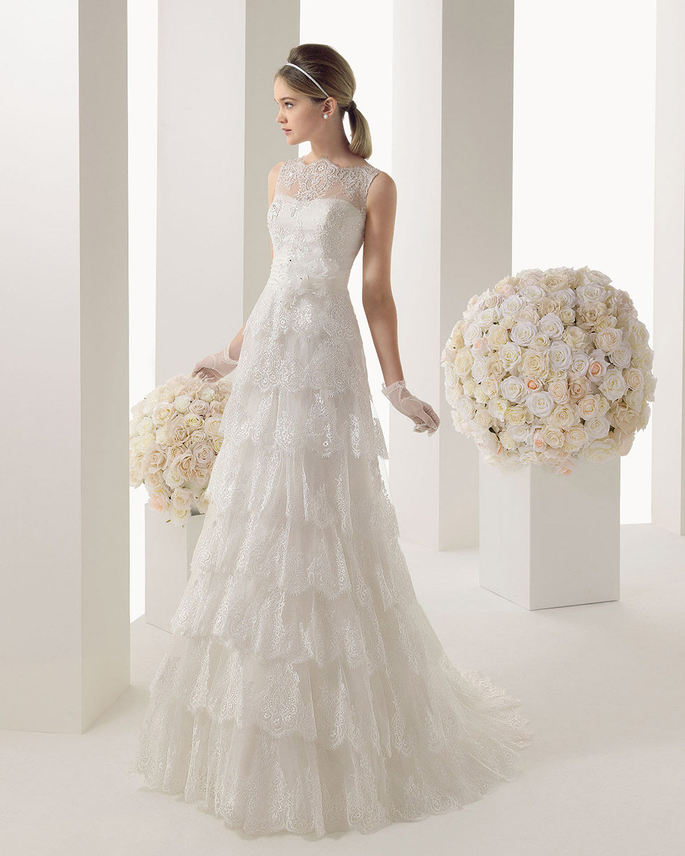 时尚 双肩绑带蕾丝小a摆型 高腰显瘦拖尾婚纱2014新款一字肩花朵