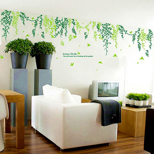 绿树叶墙壁贴图房顶墙纸贴画家饰沙发背景客厅吊顶电视背景墙贴纸