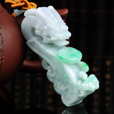 老坑糯种翡翠带绿龙头如意手把件3592