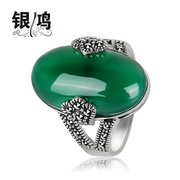 Hong 925 Silver natural green agate silver ring handmade retro Thailand Bangkok silver ladies finger rings