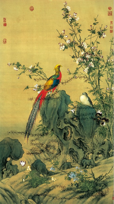 仿古画名画复制品郎世宁锦春图国画花鸟画玄关装饰画名人字画书画