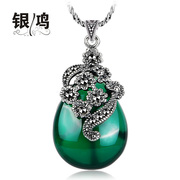 Hong natural Onyx drop pendant in 925 Silver, silver old silversmith retro turquoise women Bangkok Thai silver money