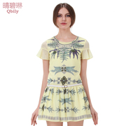 Linda 2015 spring/summer new Qing bi ladies sweet t Palm tree print Lotus sleeve splicing low waist dress