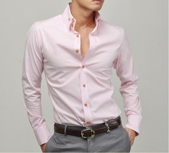 包邮男士新款长袖衬衫潮男韩版修身棉衬衣商务休闲粉红色高领寸衫