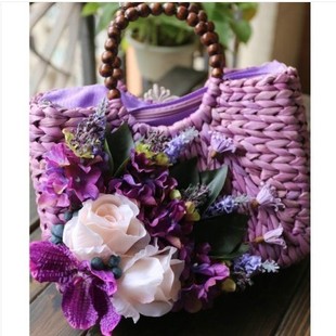 bv限量版灰紫色錢包 限量包2020夏季新款日系玉米皮草編包 花朵裝飾手提包 淡紫色 bv