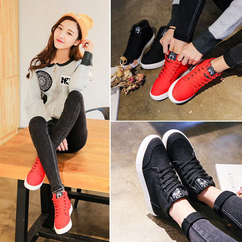 2017秋韩版潮红色高帮帆布鞋女板鞋黑布鞋学生百搭休闲运动鞋球鞋