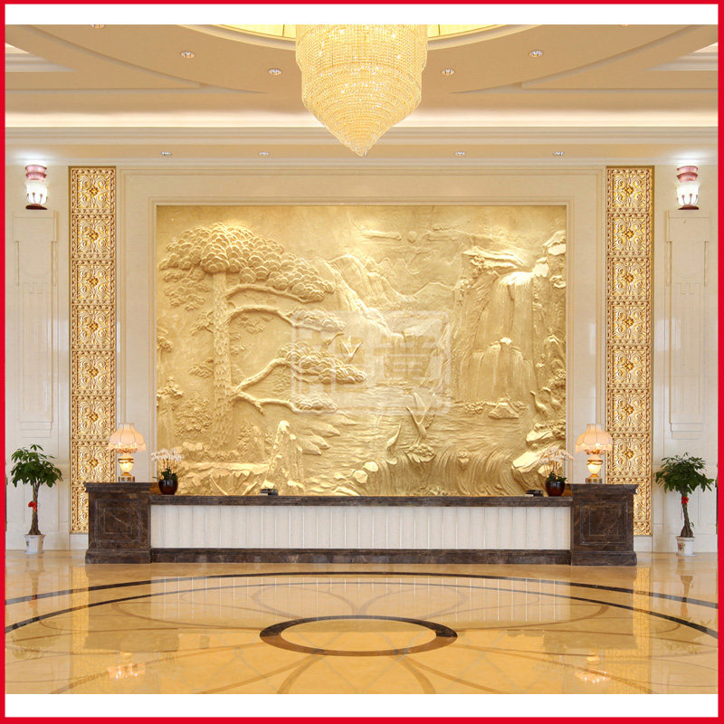 上海龙章 中式砂岩浮雕壁画背景墙/酒店大堂沙岩山水浮雕-迎客松