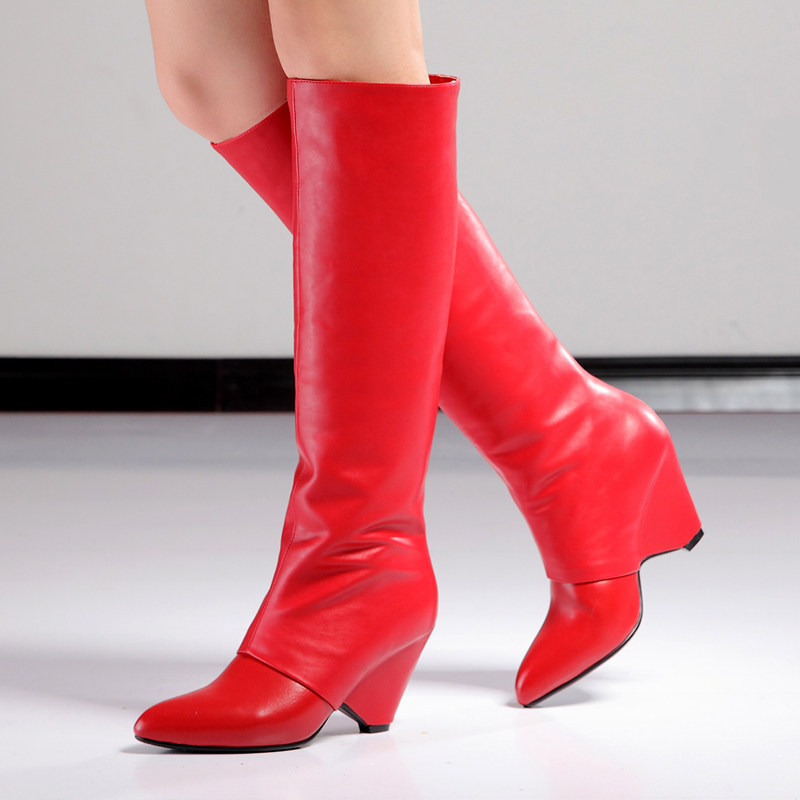 莉苔希娅新款瘦腿坡跟长靴真皮红色婚鞋尖头骑士靴欧美时尚女靴子