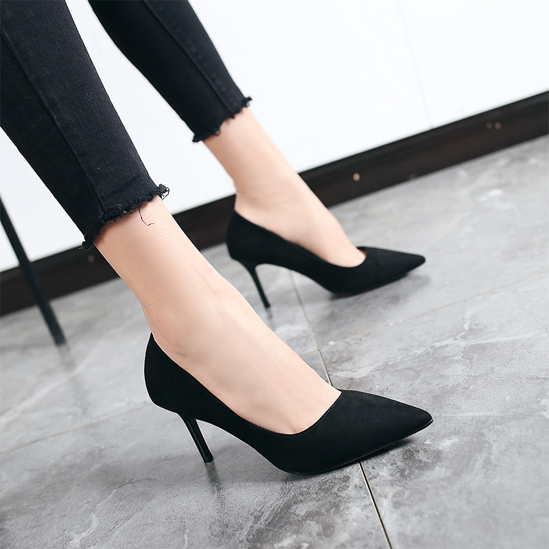 2017新款尖頭高跟鞋女細跟中跟黑色單鞋絨面伴娘鞋秋季淺口女鞋夏