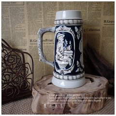 【82215抽烟袋的老人】陶瓷马克杯德国啤酒杯创意手工彩绘浮雕杯