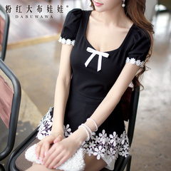 T-shirt girls pink long summer 2015 new dolls with lace skinny black short sleeve women shirts