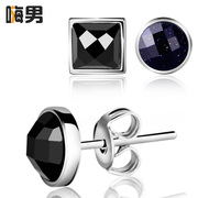 Men''s earrings 925 Silver Black Onyx Korean wave in men''s singles, round square fashion earring earrings