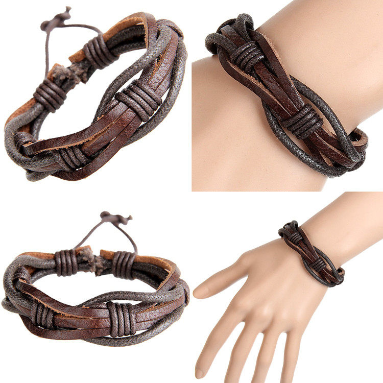 韩版时尚皮手链 非主流朋克风多条皮手工绑绳编织皮手链 新款热卖