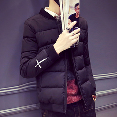 2016冬季新款棉衣男士青年立领十字印花韩版修身加厚保暖棉袄外套