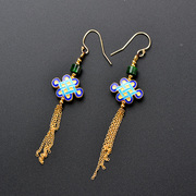 Thai gold-plated 925 Silver Chinese knot earrings women''s long tassels burnt blue vintage ethnic fashion earrings