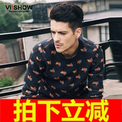 viishow2016秋冬新款针织衫 小清新图案毛衣男 圆领针织薄打底潮