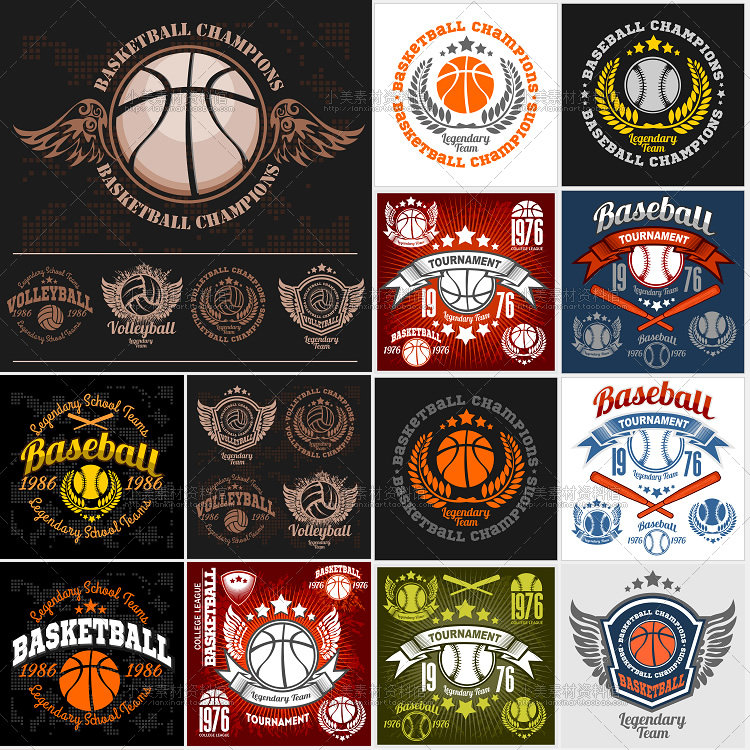 篮球排球棒球队运动服装t恤图标志logo印花图案 矢量设计素材图片