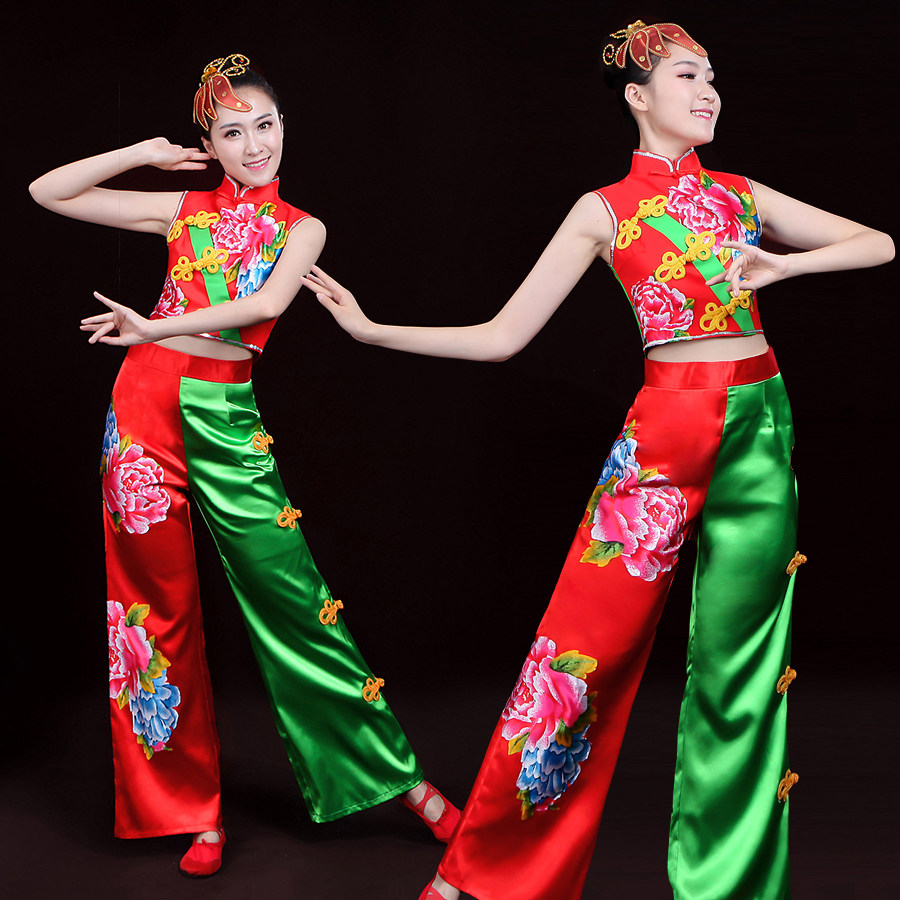 红绸舞无袖立领秧歌腰鼓舞蹈演出民族舞台服装中老年牡丹花印花女