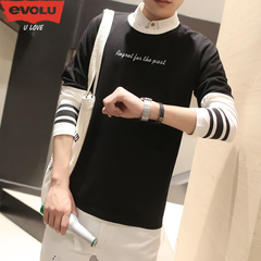 EVOLU2016秋季男士T恤套头卫衣长袖韩版字母印花拼接袖情侣装外套