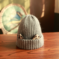 韩版可爱豹纹恶魔角冬天帽子猫耳朵针织帽毛线帽子保暖毛线帽翻边