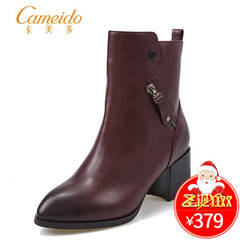 Cameido/卡美多2016新款冬季牛皮女鞋  尖头粗跟职业靴高跟短靴女