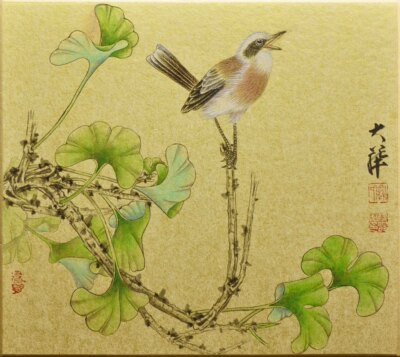 罗大华《金箔342-银杏小鸟》
