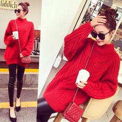 2016秋冬韩国女士半高领针织衫纯色加厚直筒宽松套头中长款毛衣