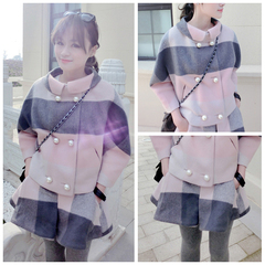 韩版2015女装新品冬天格子名媛两件套毛呢外套小香风半身裙套装