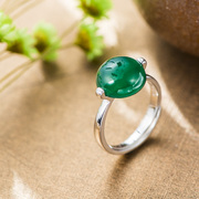 925 Silver natural Green Thai agate open female Joker index finger the ring ring ring wave