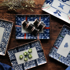 波佐见-日本进口无铅陶瓷餐具日式和风釉下彩京古染餐盘平盘鱼盘
