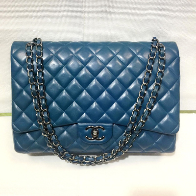 【8新】香奈儿maxi系列蓝色羊皮斜跨单肩包