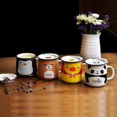 四宝陶瓷马克杯带盖创意家用水杯卡通可爱牛奶咖啡杯子儿童学生杯