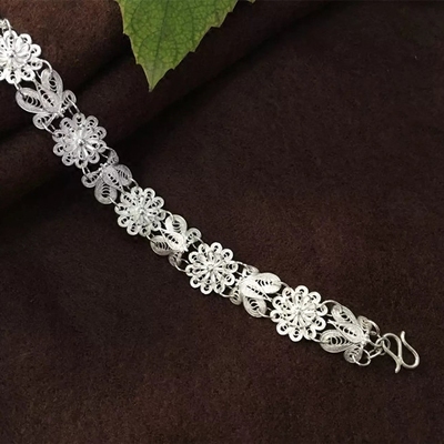 苗族手工银饰品999足银拉丝立体编花蝶恋花手链纯银送女友礼物