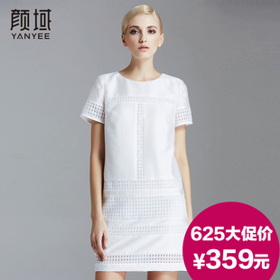 颜域旗舰店颜域2015夏新款欧美大牌圆领宽松大码女装A字裙拼接短袖连衣裙夏