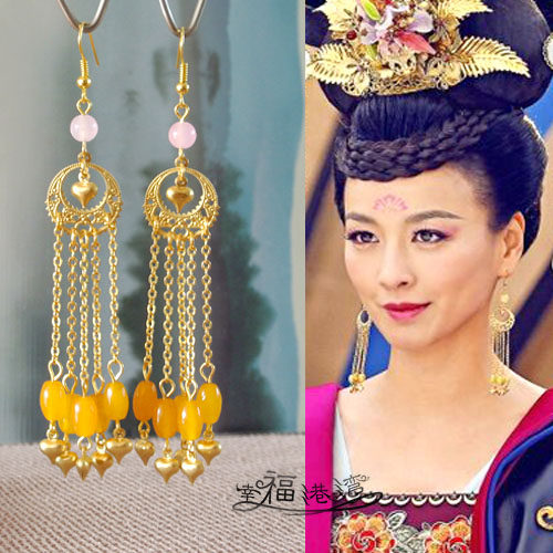 幸福港湾武媚娘传奇贵妃张庭黄玉米珠爱心流苏长款耳环