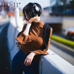 fcii欧洲站春装新款喇叭袖套头显瘦针织衫外穿性感修身高领上衣女